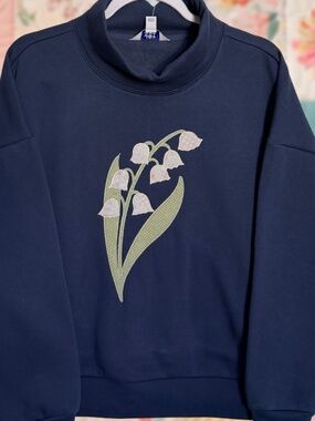 Lily of the Valley Blue Patchwork Embroidered Mock Neck Sweatshirt JoyLab Small